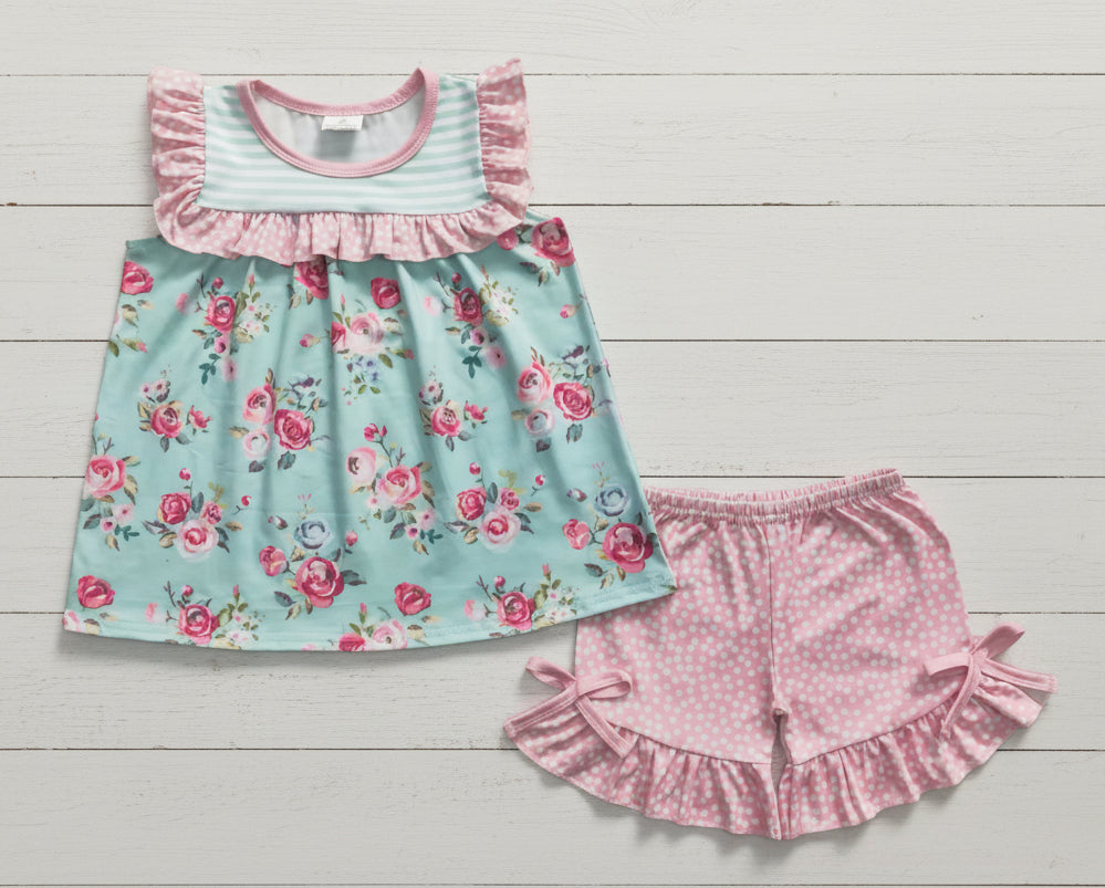Cottage Rose Pink & Blue Ruffle Short Set, girl, kids, clothing, outfit, Spring