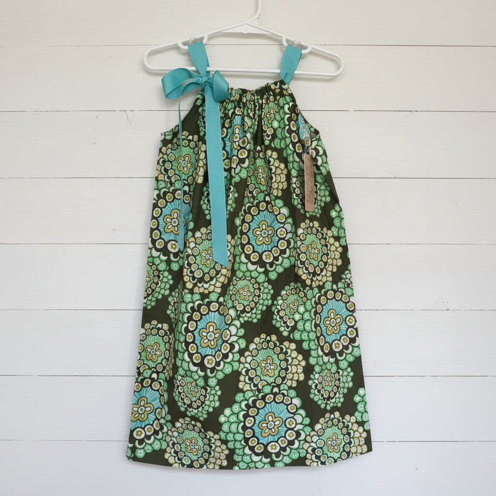 Amy Butler Olive & Aqua Print Dress, Sundress, girl, kids, handmade - $5 SALE