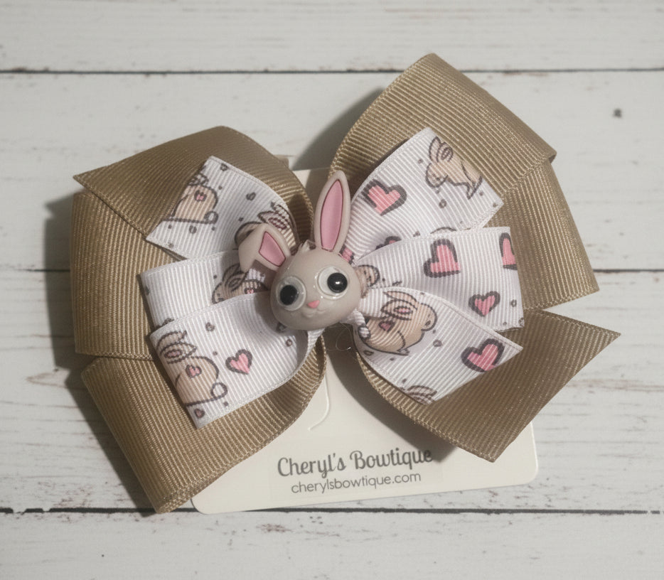 Khaki Bunny & Hearts Hair Bow, clip, girl, Easter, kids