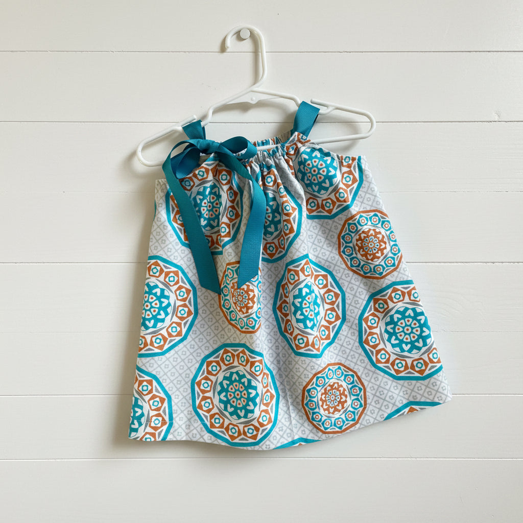 Aqua & Orange Print Dress, Sundress, girl, kids, handmade - $5 SALE