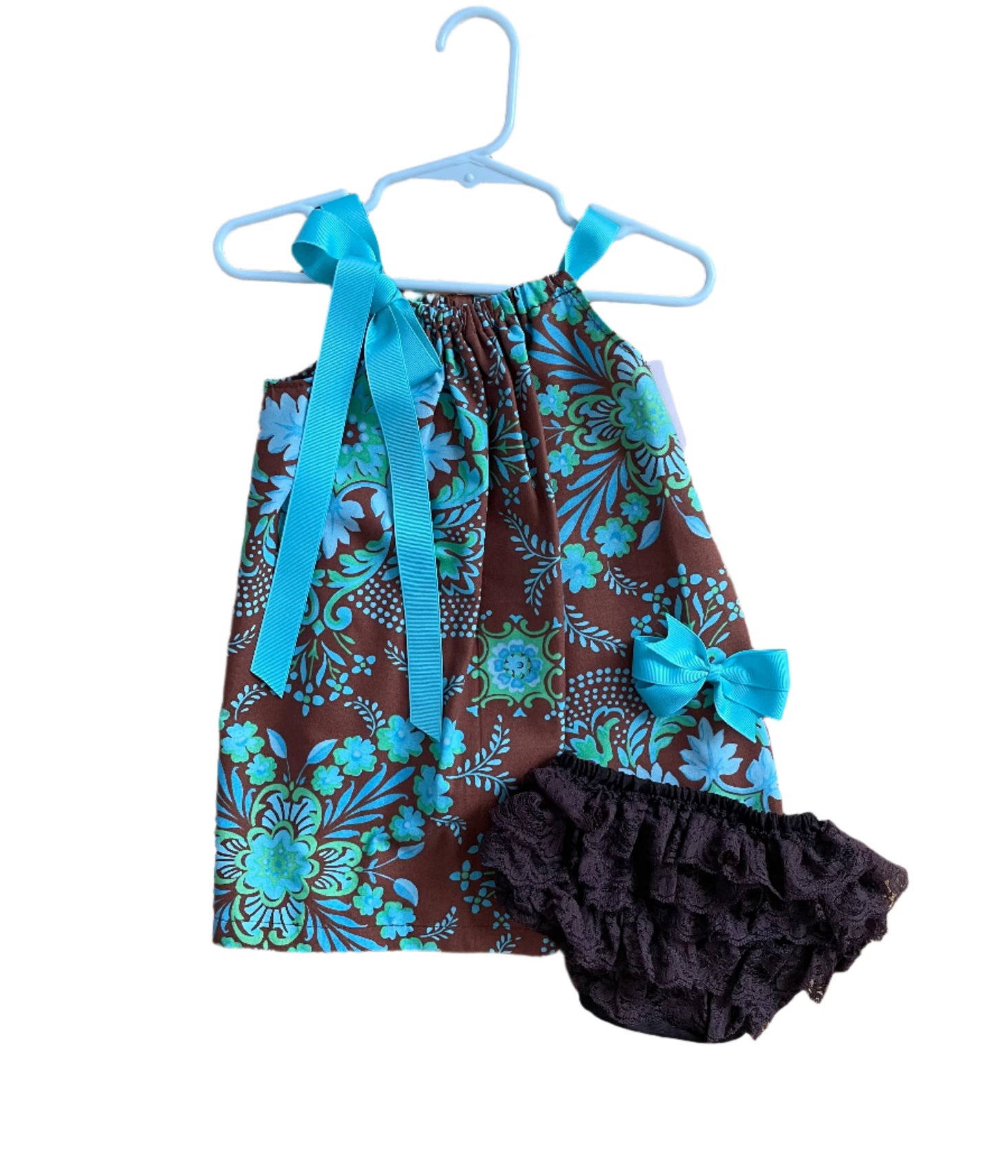 Aqua Blue & Brown Print Dress, Sundress, girl, kids, handmade - SALE