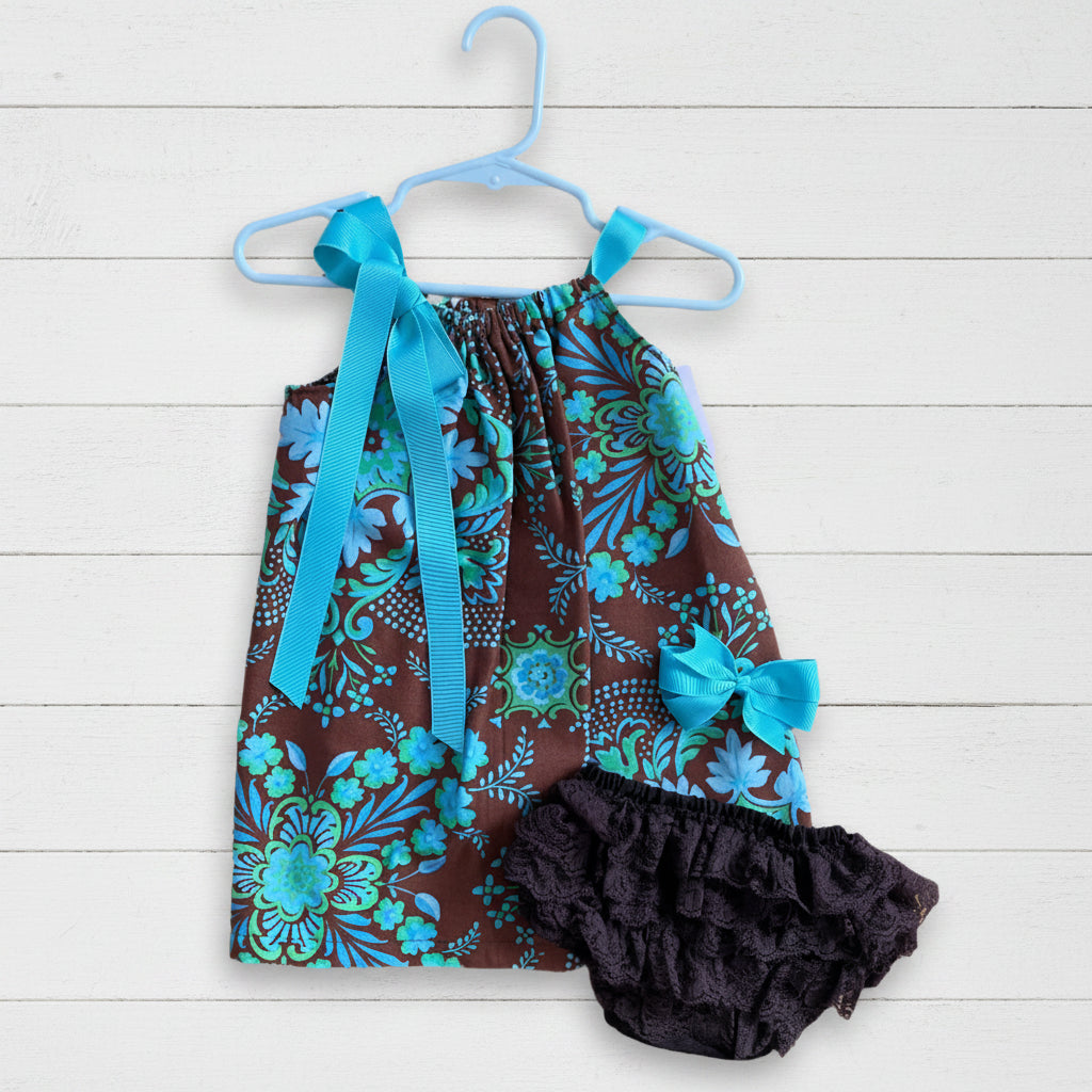 Aqua Blue & Brown Print Dress, Sundress, girl, kids, handmade / $5 SALE