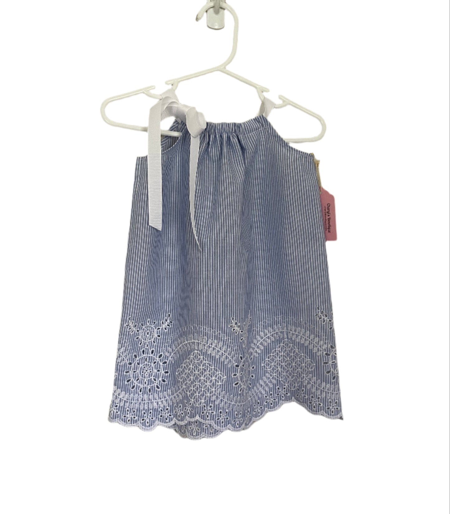 Blue & White Pinstripe Scalloped Dress, Sundress, girl, kids, handmade - SALE