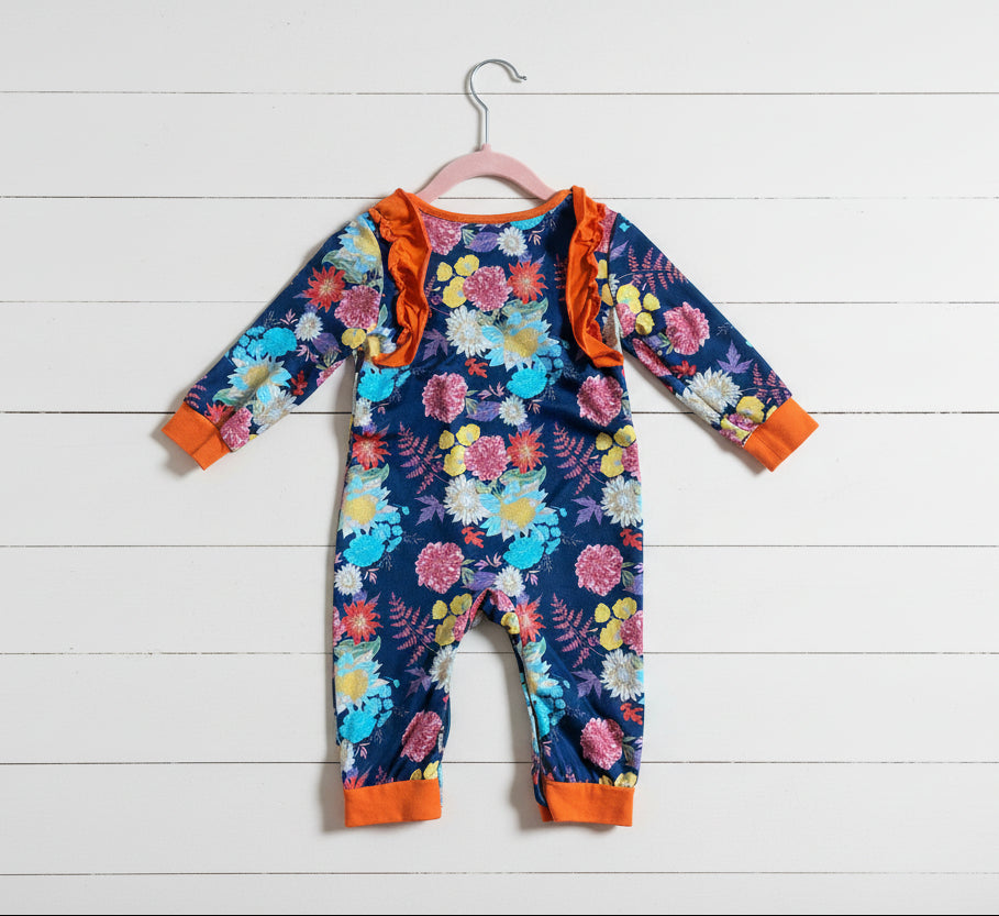Navy Blue & Orange Ruffle Flower Romper, Toddler, Infant, girl