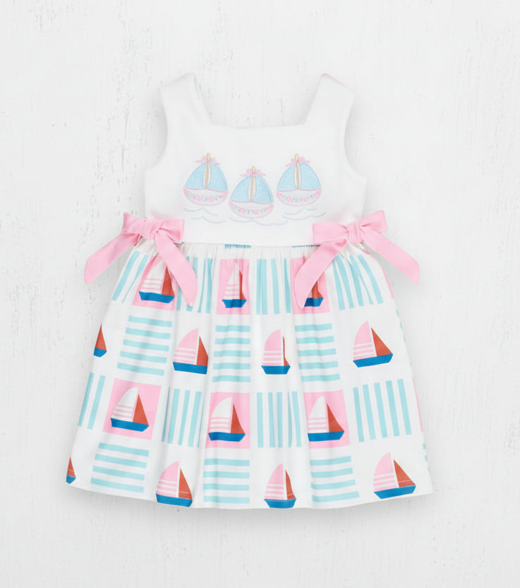 Blue & Pink Embroidered Sailboat Dress, girl's, Milk Silk, kids