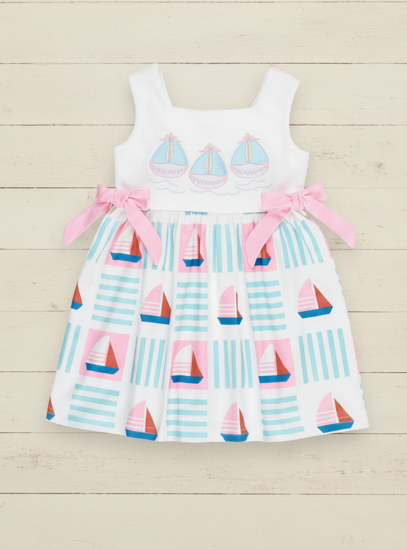 Blue & Pink Embroidered Sailboat Dress, girl's, Milk Silk, kids / CLEARANCE