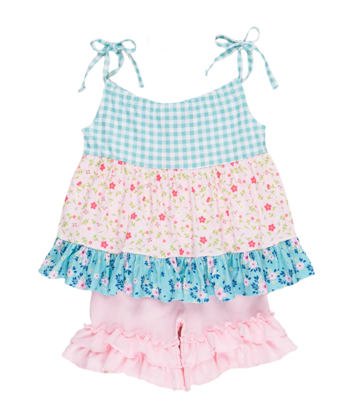 Gingham & Flower Ruffle Short Set, girl, kids, clothing, outfit, toddler