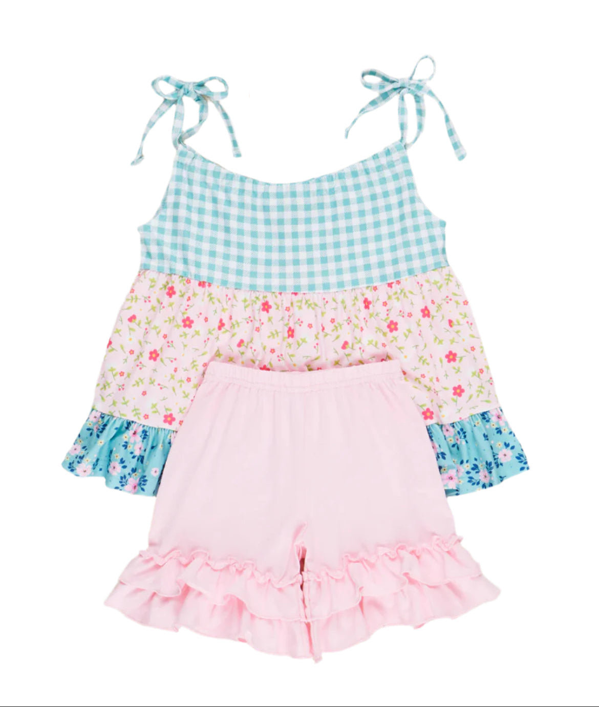 Gingham & Flower Ruffle Short Set, girl, kids, clothing, outfit, toddler