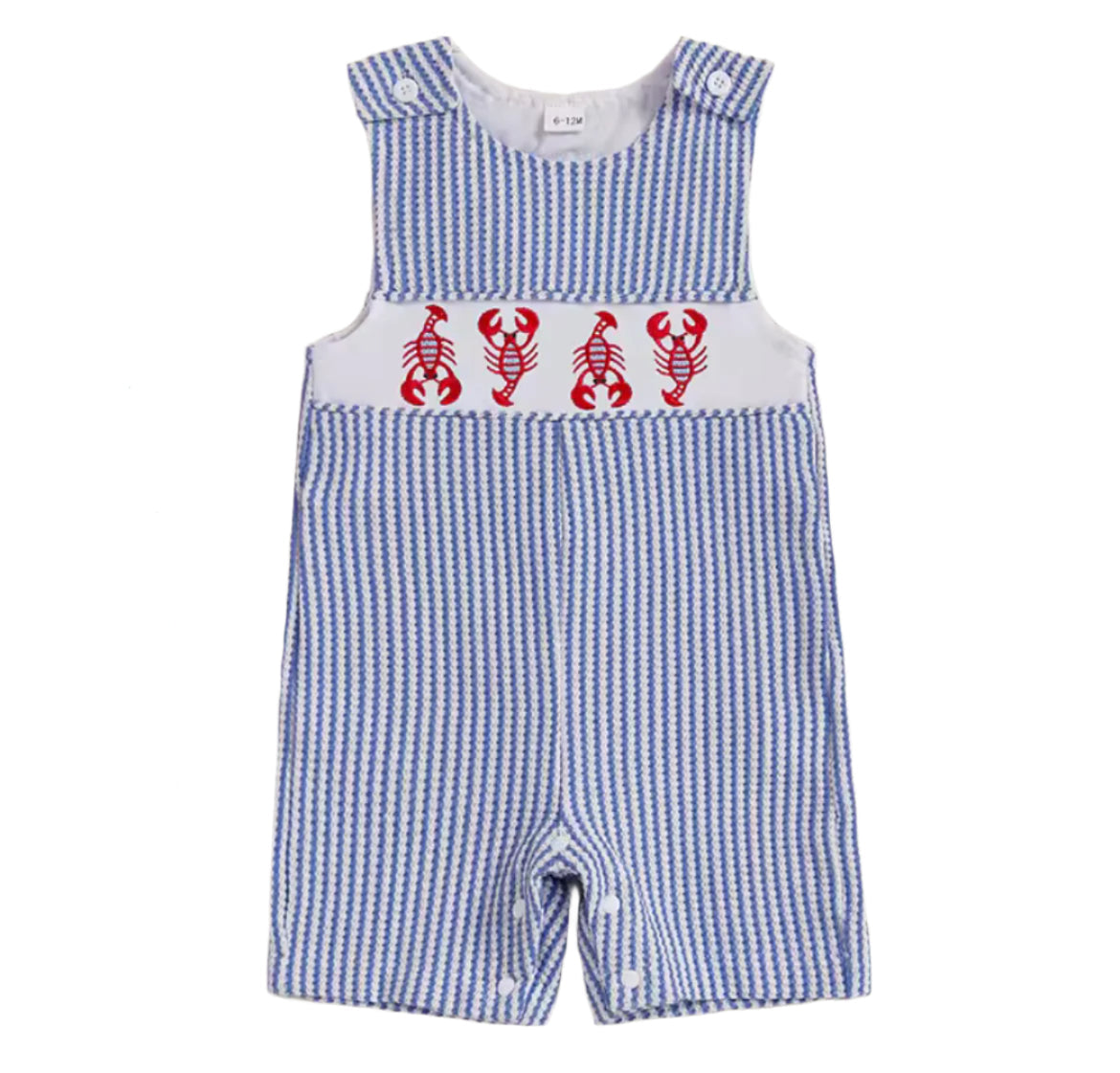 Lobster Pinstripe Romper, infant, clothing, boy, embroidered, blue, kids
