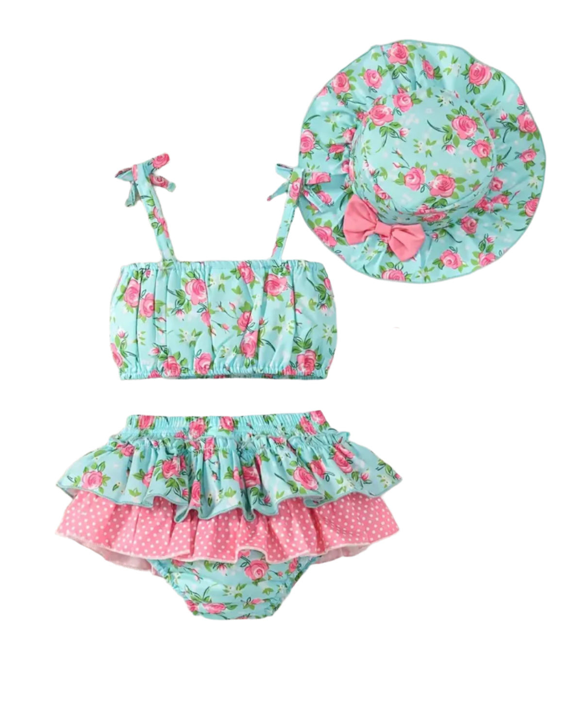 Blue Cottage Rose Ruffle Short Set, girl, toddler, clothing, outfit, hat / SALE
