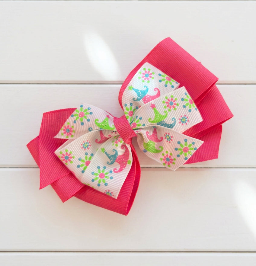 Pink & Green Whimsical Holiday Hair Bow, girl, kids, clip, Winter, Christmas