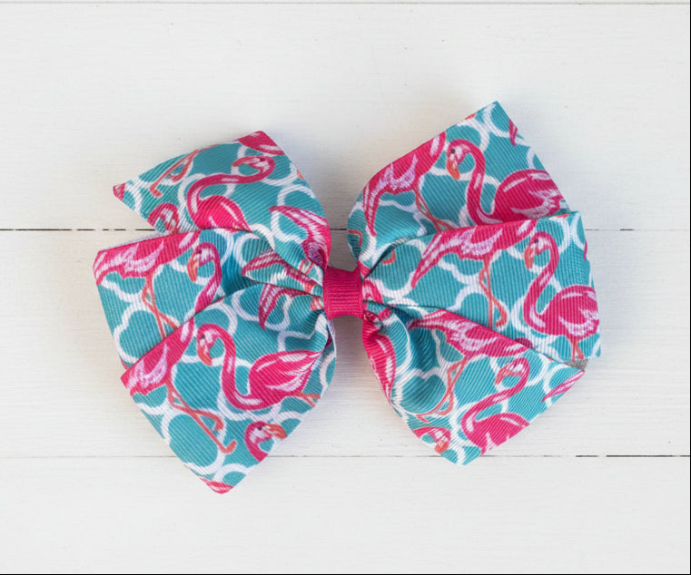 Pink Flamingo Preppy Hair Bow, quatrefoil, girl, clip, aqua