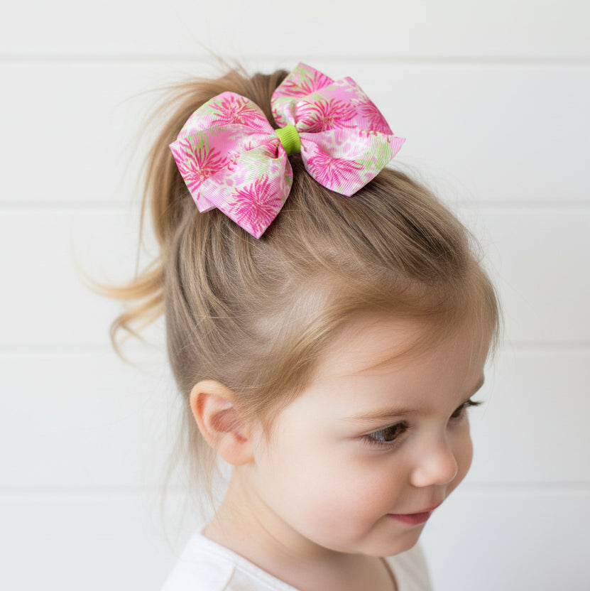 Pink & Green Coral Hair Bow, girl, clip, preppy