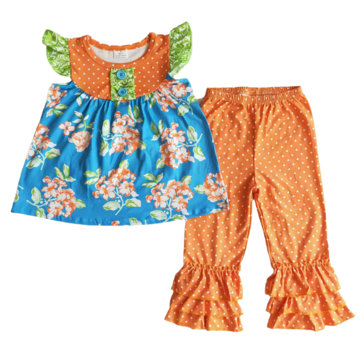 Boutique Orange & Blue Ruffle Outfit, girl, kids, set, polka dots