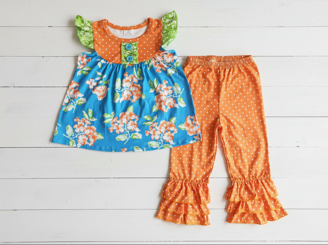 Boutique Orange & Blue Ruffle Outfit, girl, kids, set, Spring