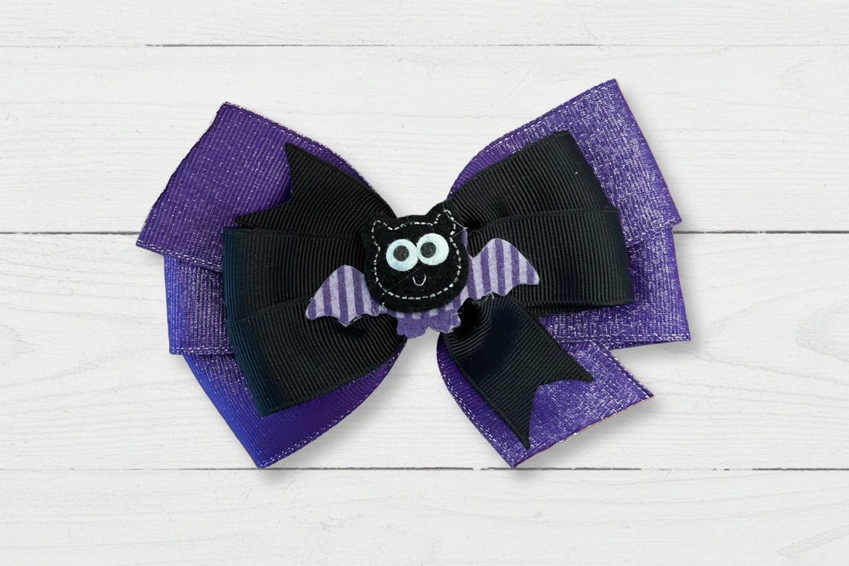 Purple & Black Bat Hair Bow, clip, girl, Halloween, costume