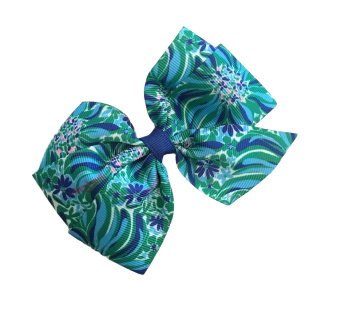 Green & Blue Floral Preppy Hair Bow, girl, clip, Wade and Sea