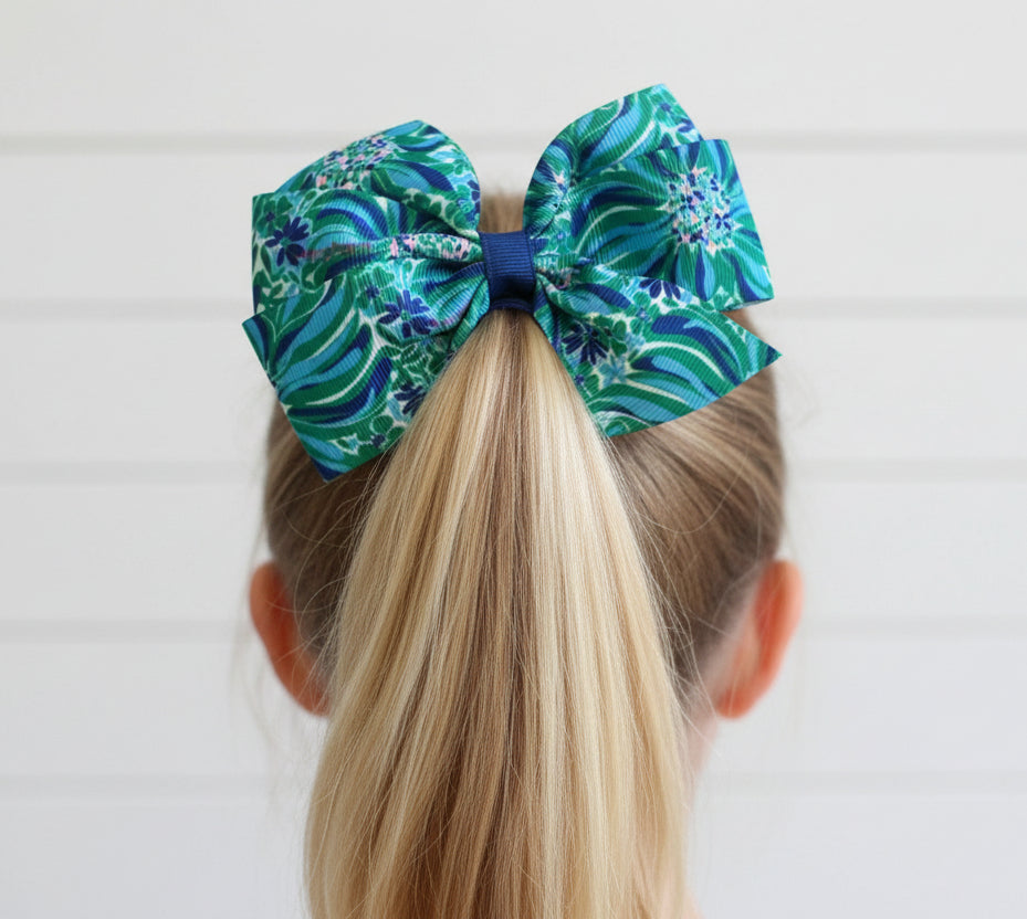 Green & Blue Floral Preppy Hair Bow, girl, clip, Wade and Sea