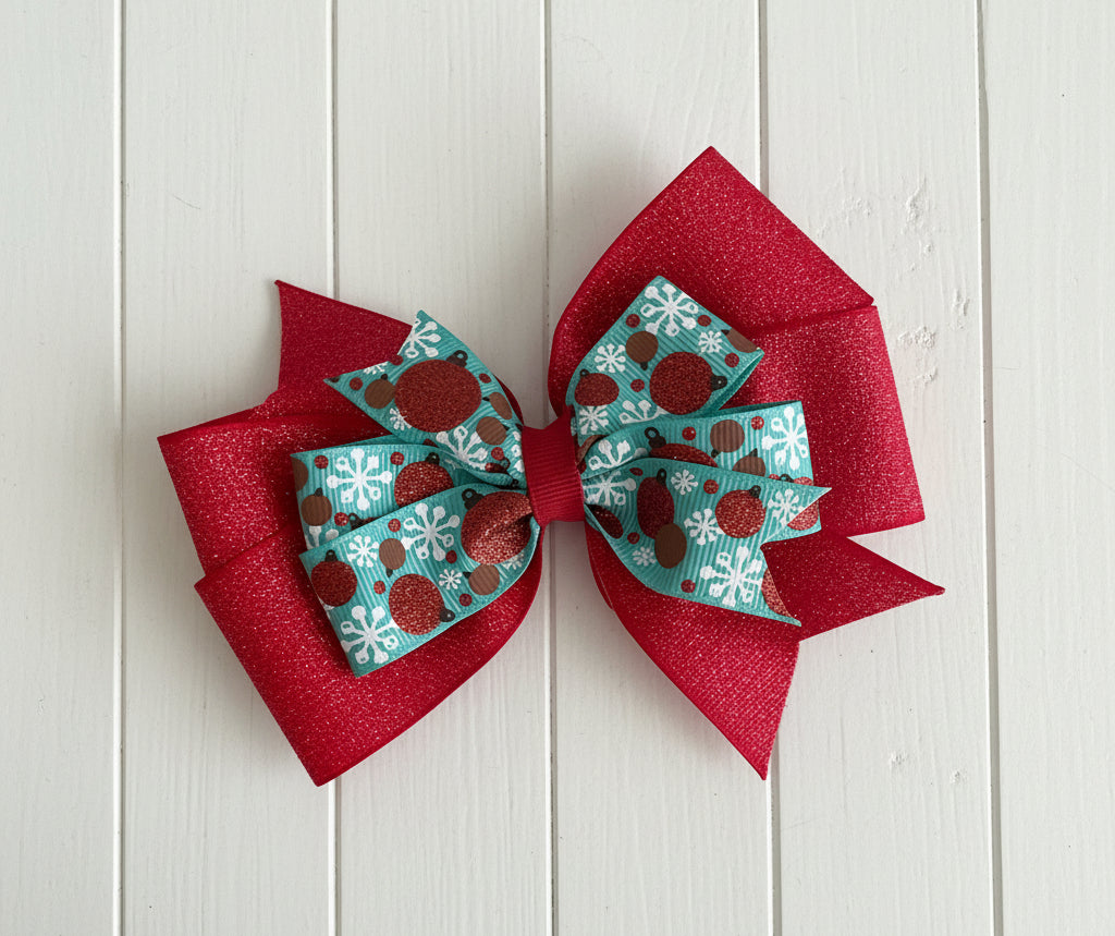Red Glitter Ornaments Hair Bow, girl, kids, clip, Winter, holiday, Christmas / SALE