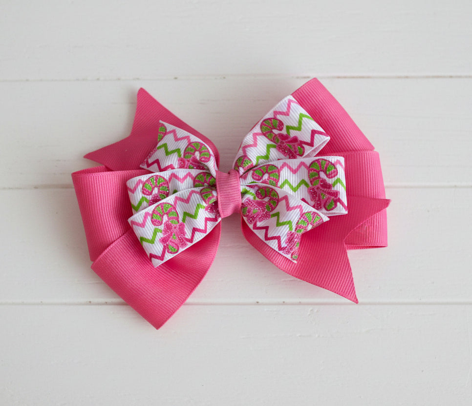 Pink & Green Candy Cane Glitter Hair Bow, girl, kids, clip, Winter, holiday / SALE