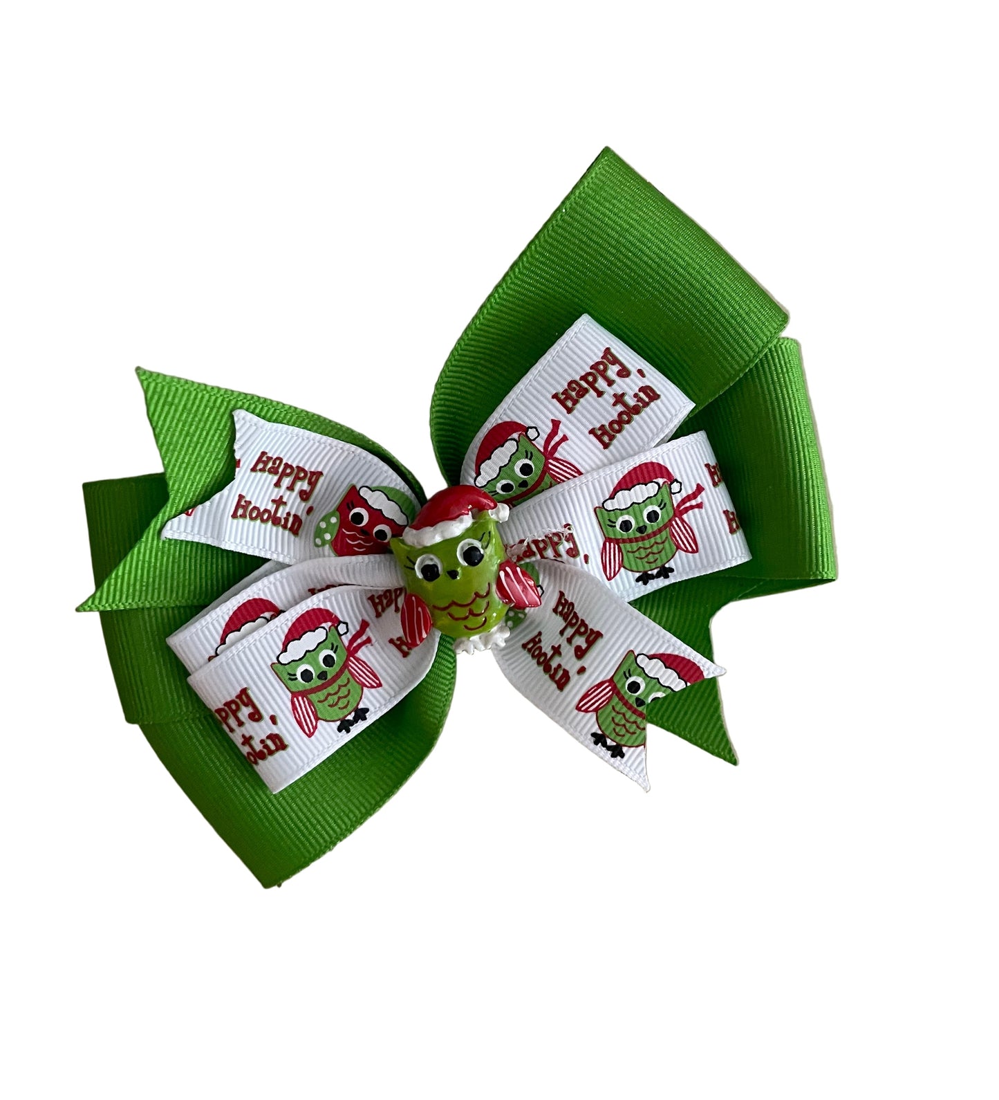 Holiday Hootin Green Owl Hair Bow, girl, kids, clip, Winter, Christmas