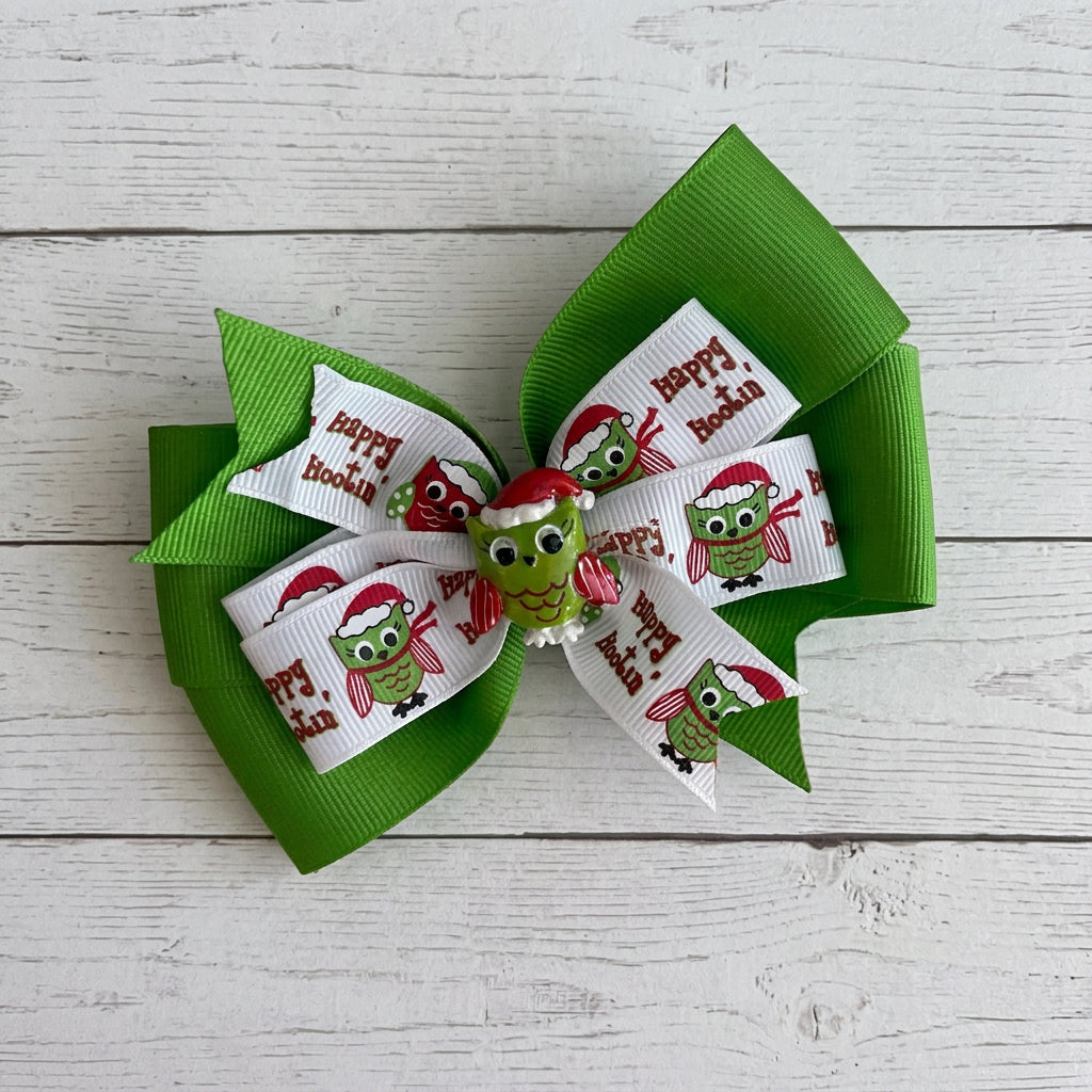 Holiday Hootin Green Owl Hair Bow, girl, kids, clip, Winter, Christmas