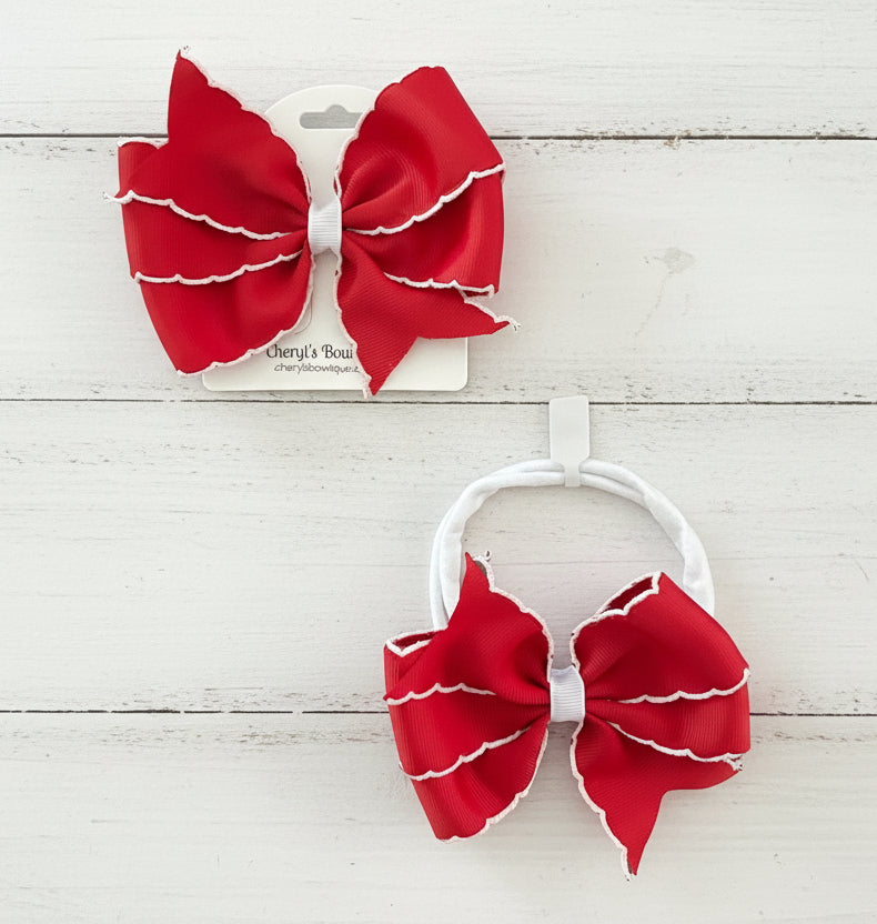 Red Crochet Trim Hair Bow or Headband, girl, kids, clip, holiday