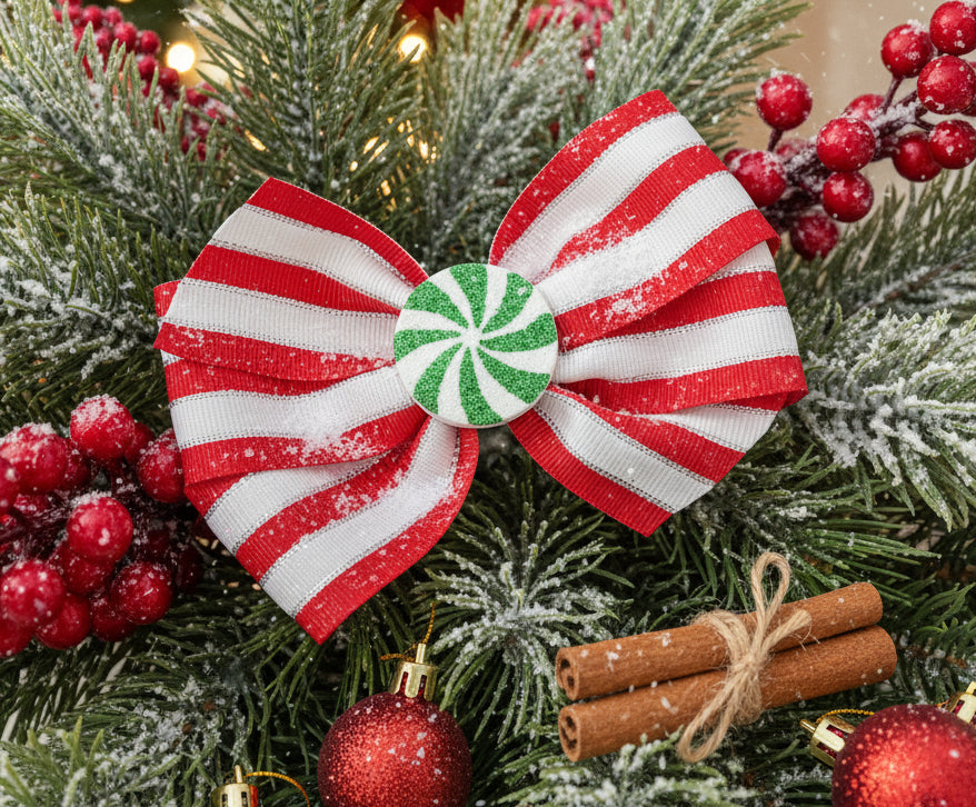 Peppermint Twist Striped Hair Bow, girl, holiday
