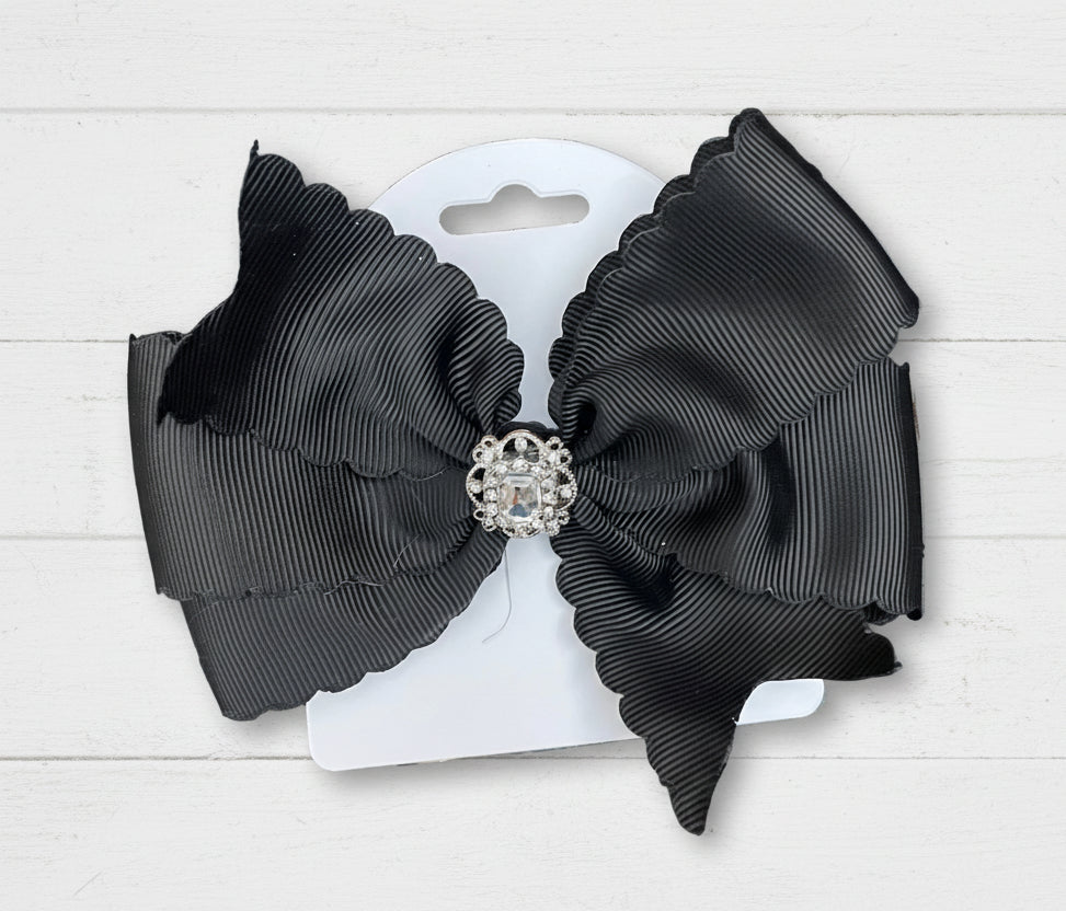Black Scalloped Hair Bow w/Rhinestone Center, girl, holiday, wedding