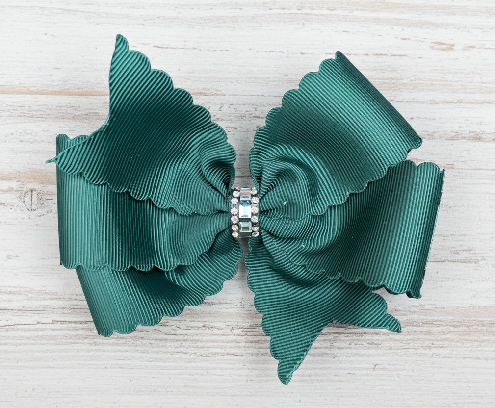 Emerald Green Scalloped Hair Bow with Rhinestone Wrap, girl, holiday,