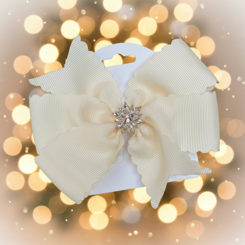 Off White Scalloped Hair Bow w/Rhinestone Center, girl, holiday, Wedding