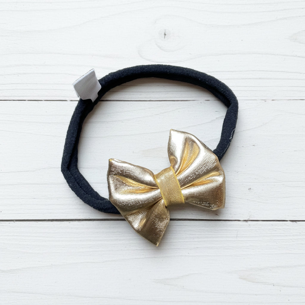 Gold Bow on Nylon Headband, girl, stretch, holiday, wedding