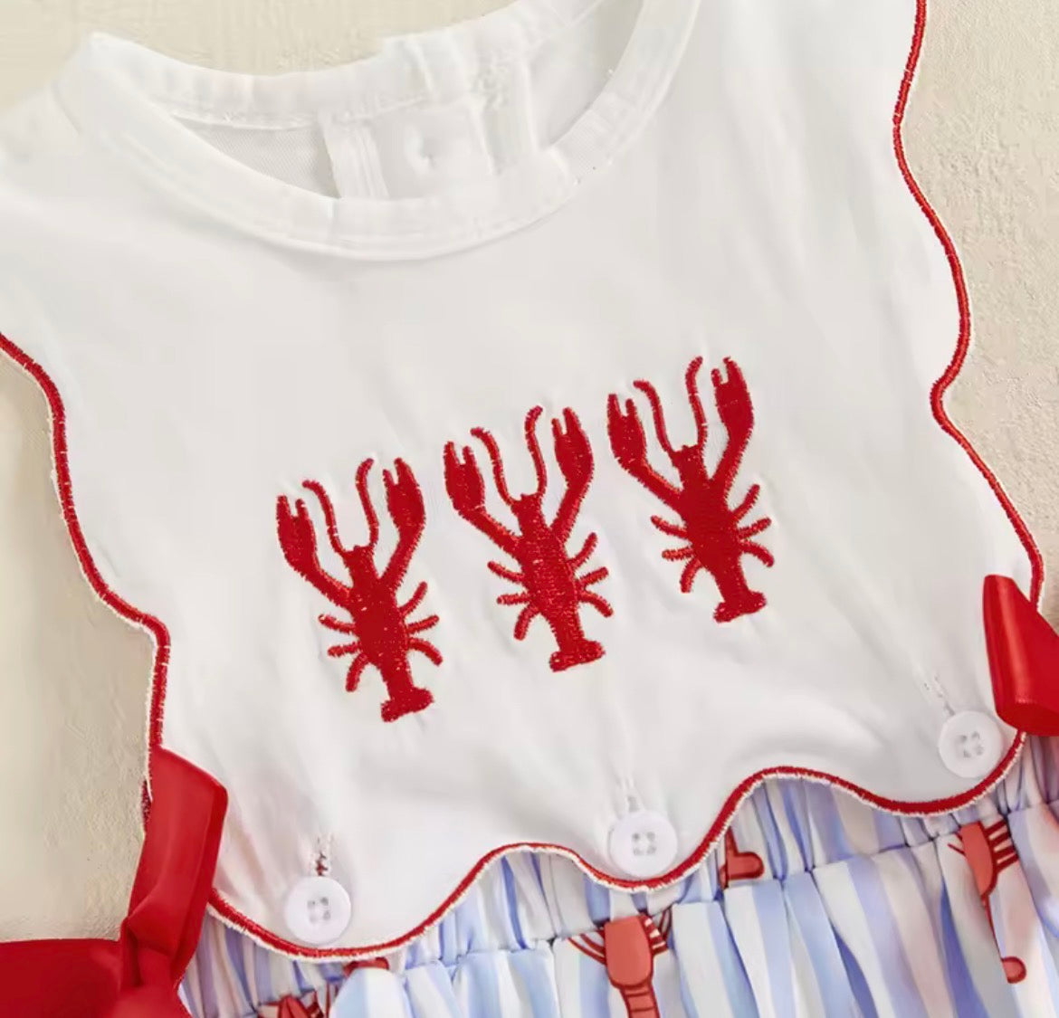 Blue Pinstripe Embroidered Lobster Bibbed Romper, girl