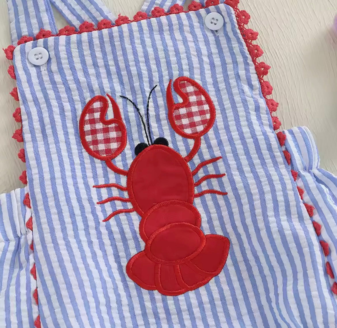 Blue Pinstripe Embroidered Lobster Bubble Romper, boy, girl
