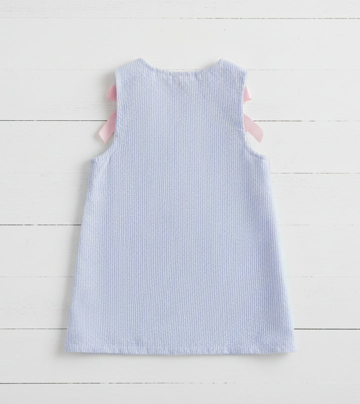 Blue Pinstripe Embroidered Bunny Dress, girl, kids, Easter