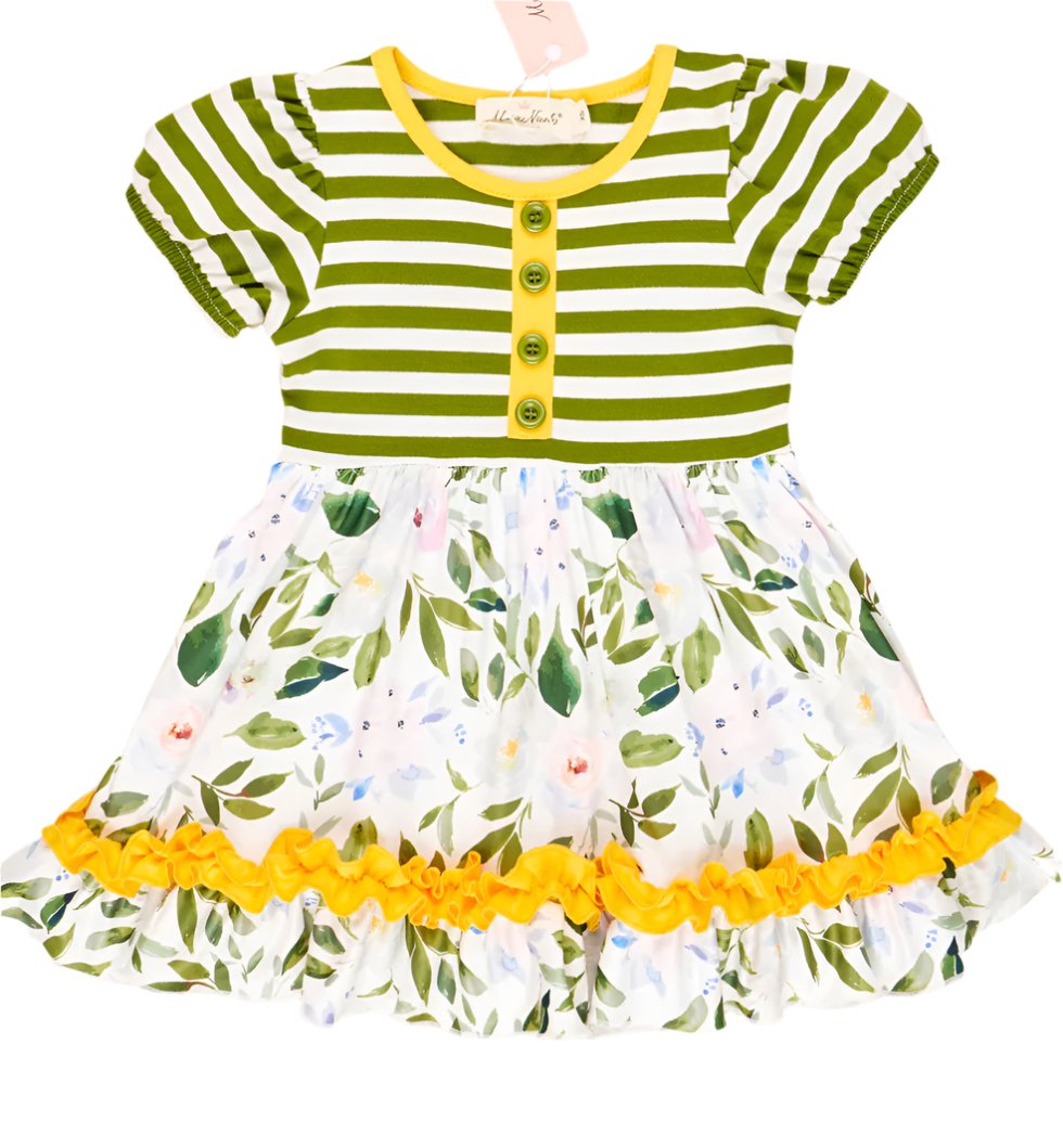 Flowers & Fern Twirl Dress, Olive Green & Yellow Stripes
