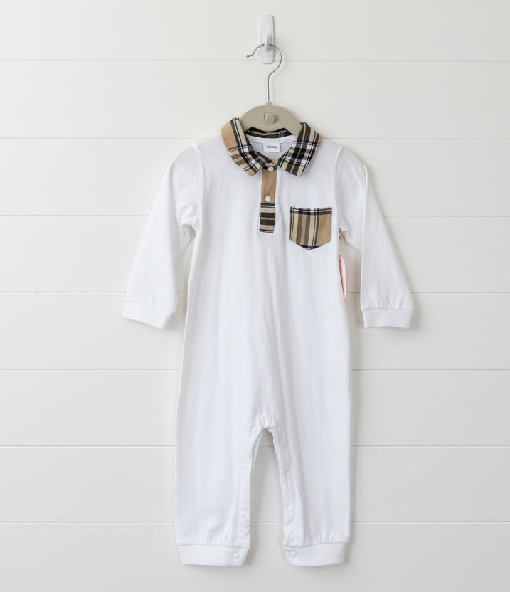 White Long Sleeve Plaid Trim Romper, kids, clothing, toddler, baby
