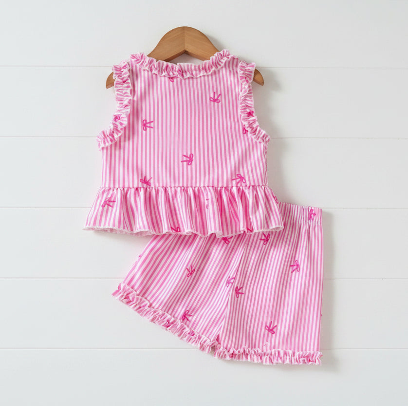 Pink Stripes Bow Short Set, girl, outfit, kids, Spring/Summer
