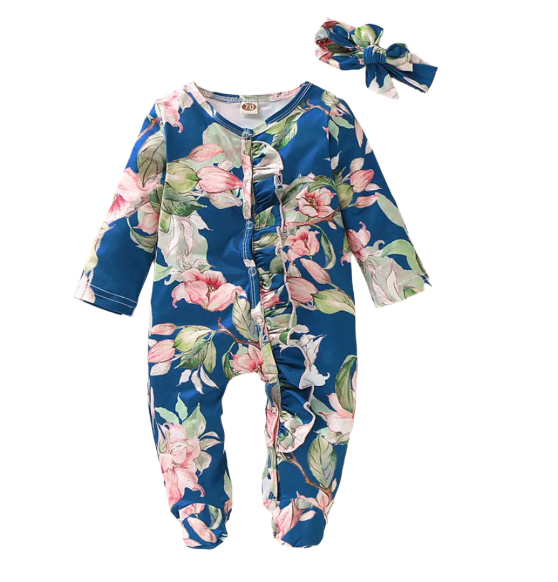 Blue Ruffle Romper w/Pink Roses, Baby, Infant