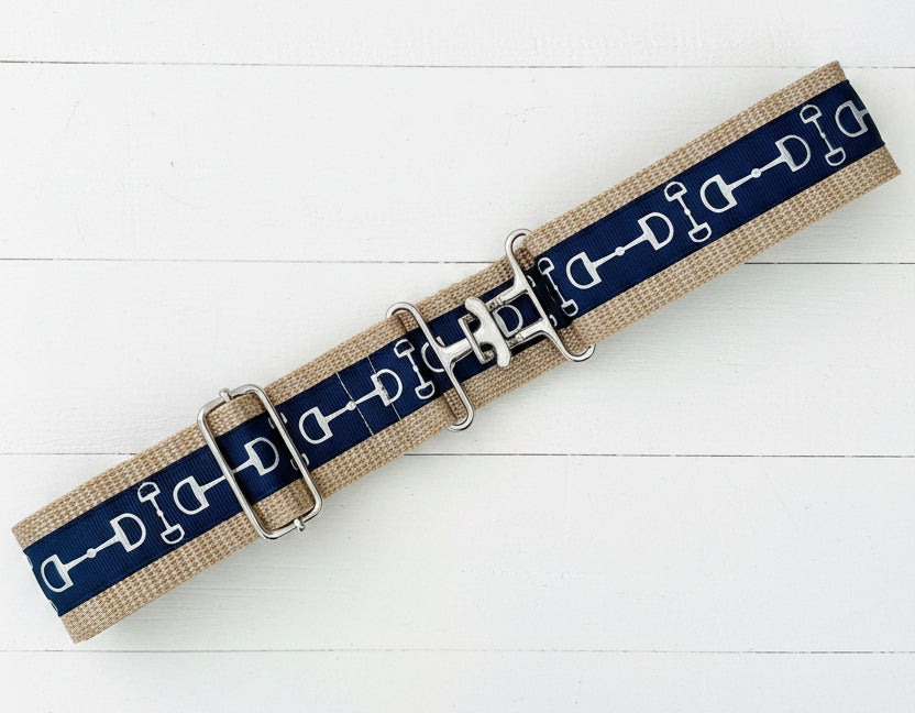 Blue & Tan Equestrian Belt, Adjustable, gift, snaffle