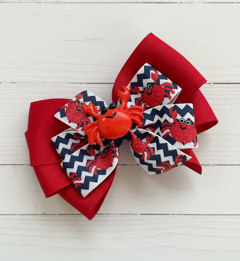 Crab Print Hair Bow, girl, clip, vacation, beach, Summer