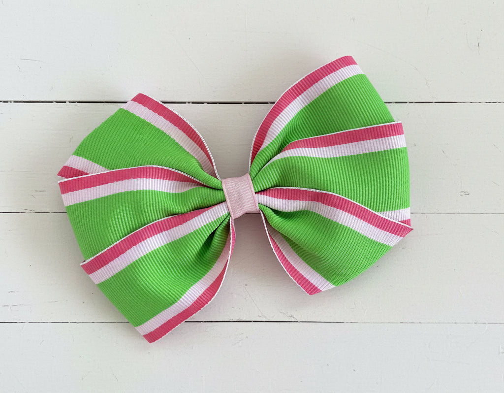 Pink & Green Striped Hair Bow, preppy, clip, girl