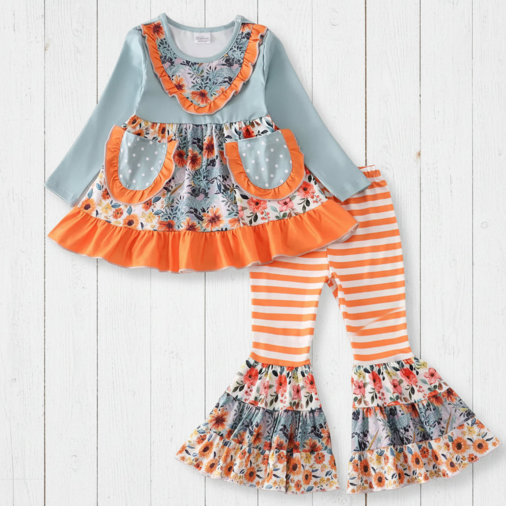 Mint & Orange Boutique Ruffle Outfit, girls, clothing, kids