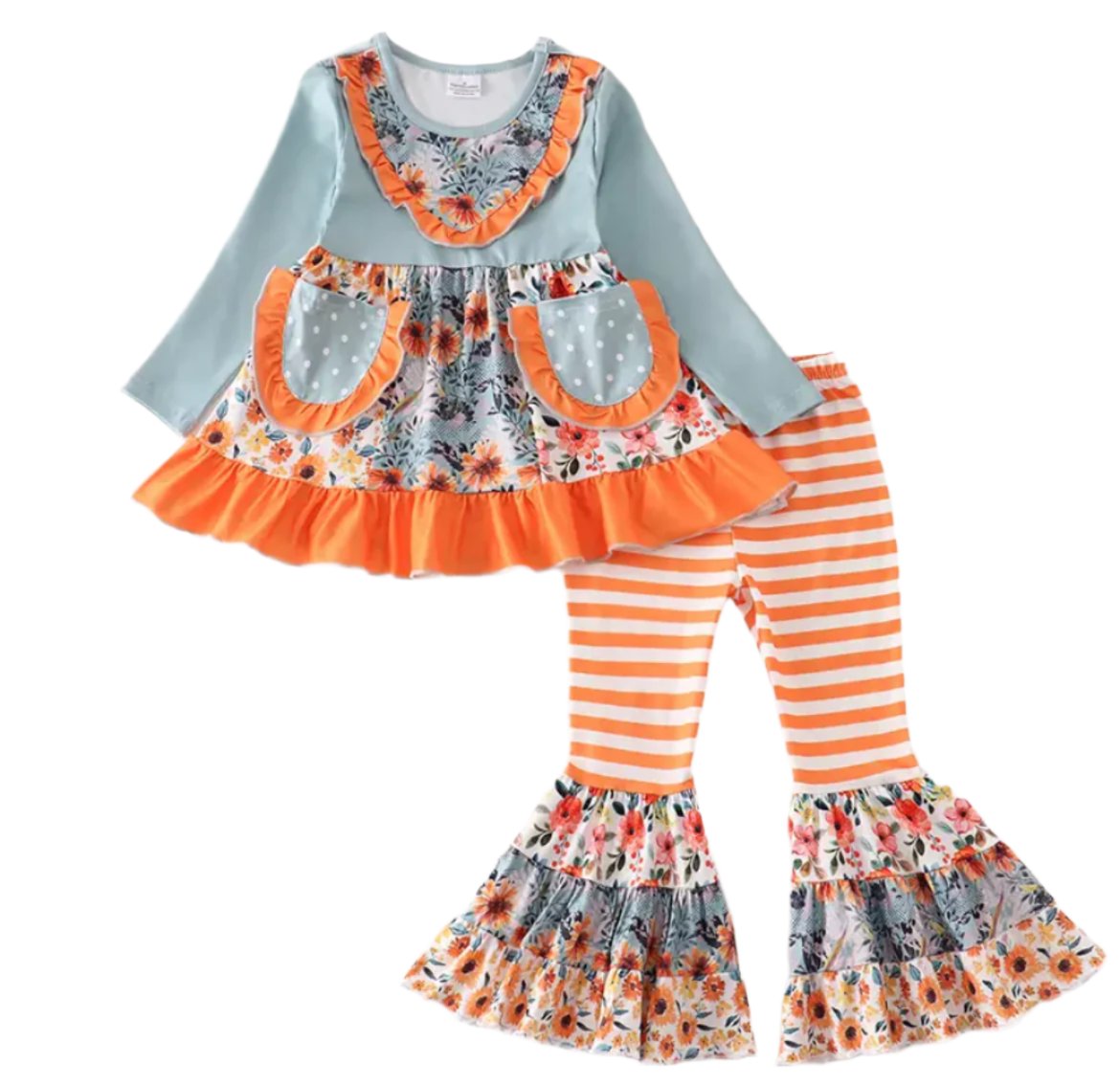 Mint & Orange Boutique Ruffle Outfit, girls, clothing, kids