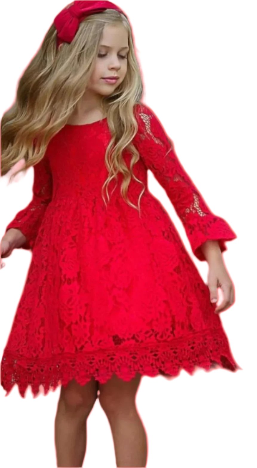 Red Lace Dress, Girl, Long Sleeve, holiday, wedding, Valentine's, Christmas