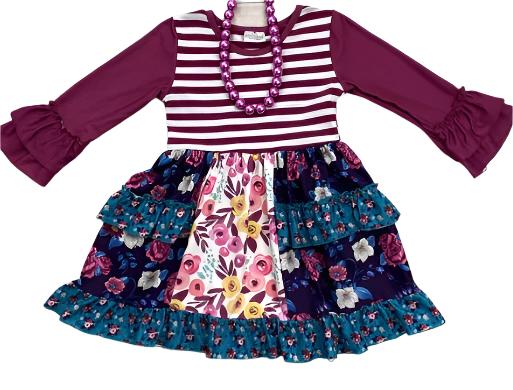 Purple Boutique Flower Ruffle Dress, Milk Silk, girl, long sleeve, kids