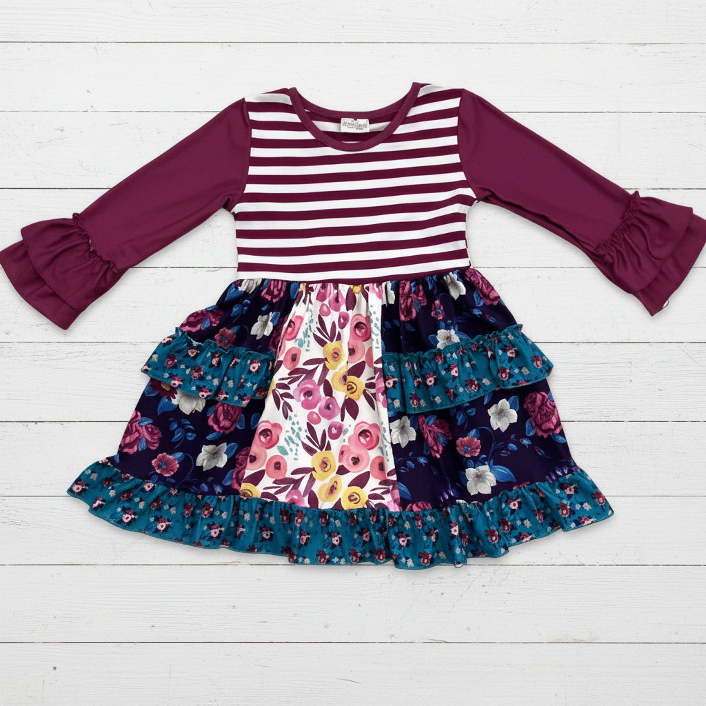Purple Boutique Flower Ruffle Dress, Milk Silk, girl, long sleeve, kids