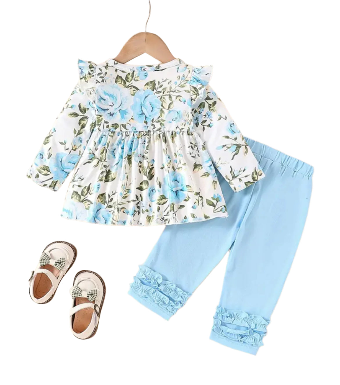 Blue Floral Ruffle Outfit, girl, set, leggings, top, kids