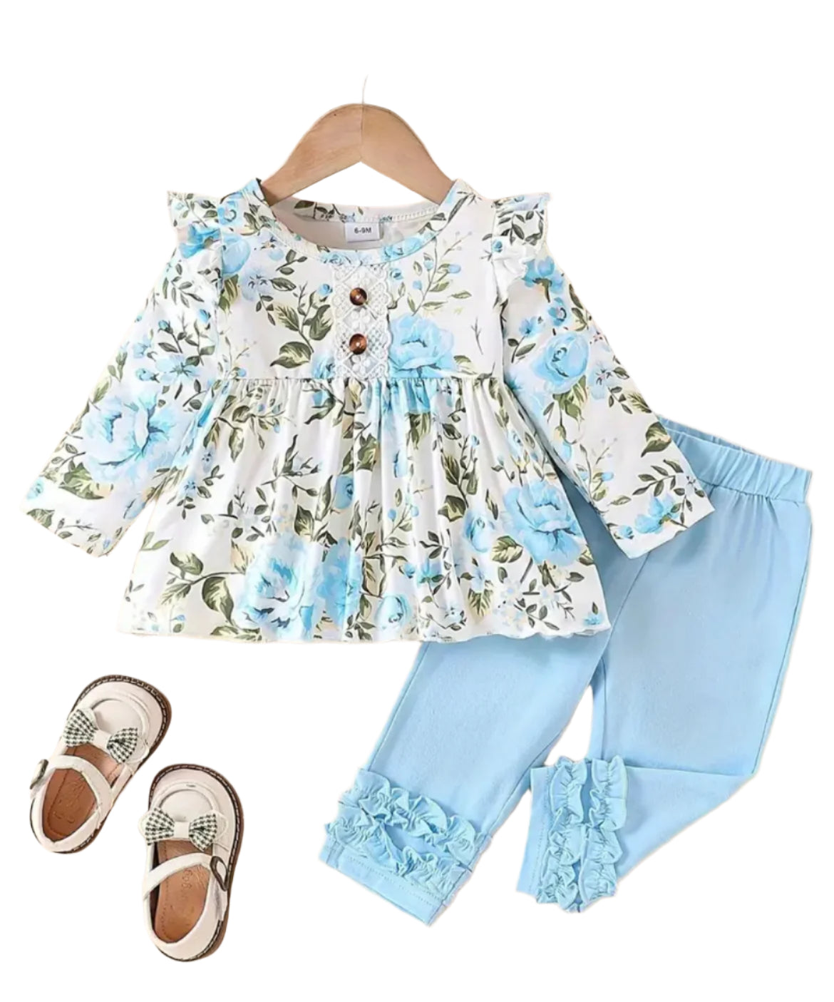 Blue Floral Ruffle Outfit, girl, set, leggings, top, kids