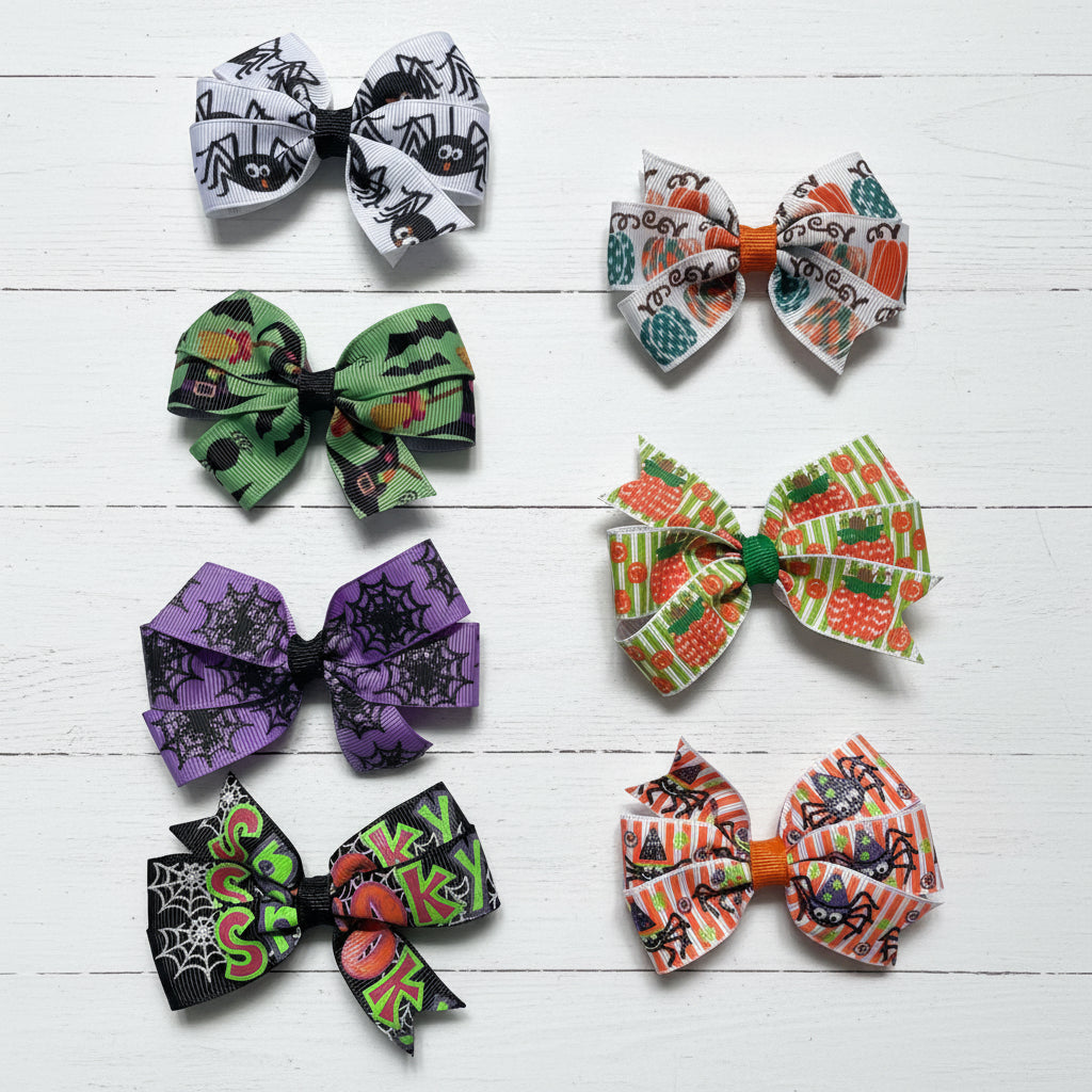 Halloween Small Hair Bows, Spider Web, Sparkly, Spooky, Pumpkin, clip